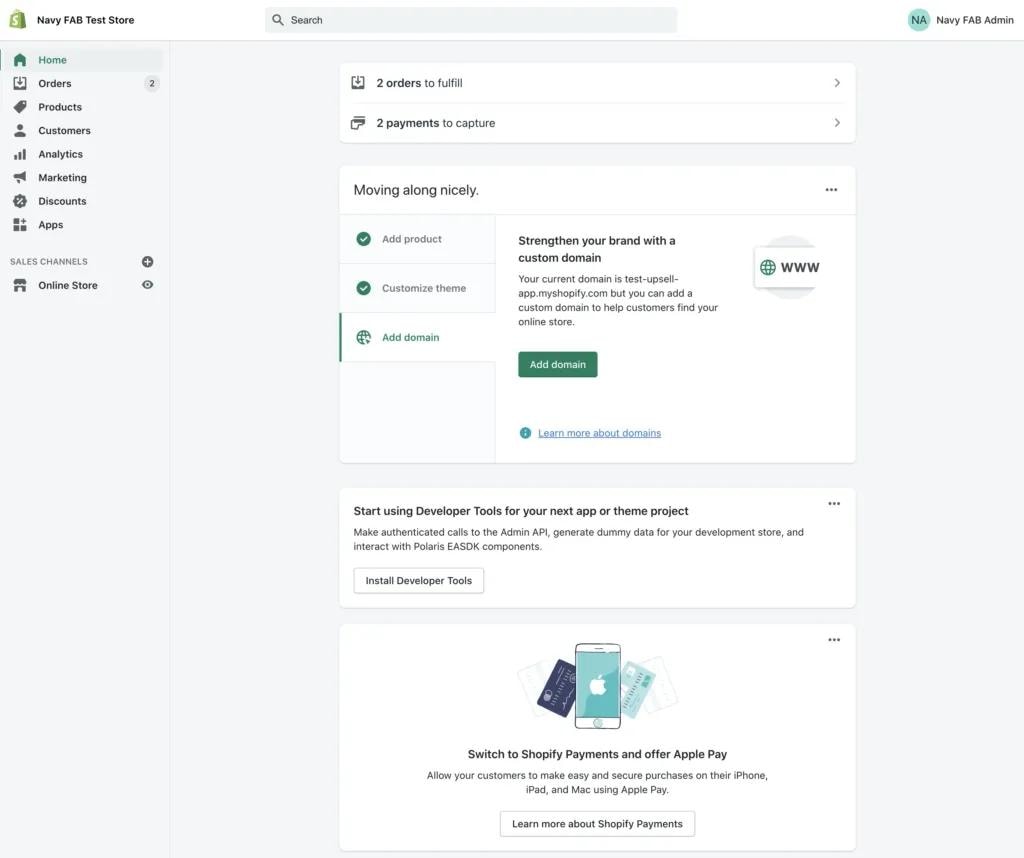 Older Shopify admin home screen