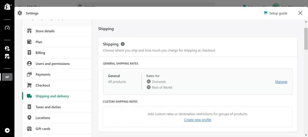 舊版 Shopify 送貨設定畫面