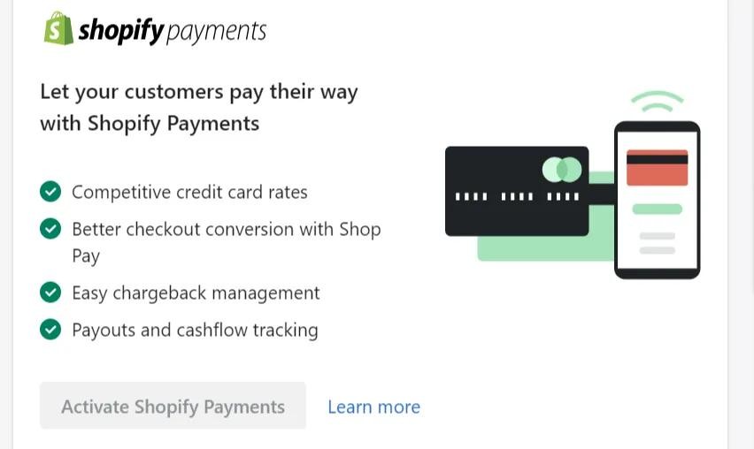 舊版 Shopify Payments 啟用畫面