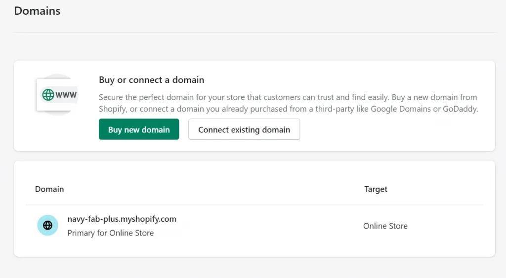 舊版 Shopify 網域設定畫面
